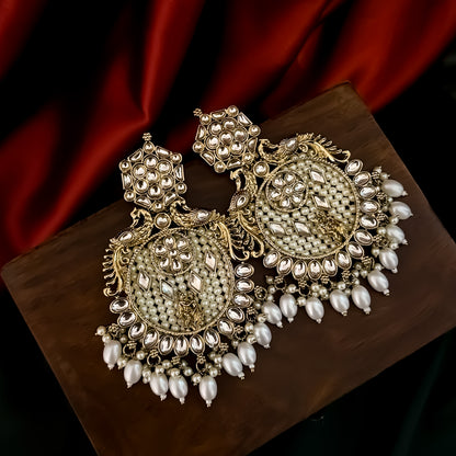 Dhwani Kundan Pearl Chandbali Earrings - Golden