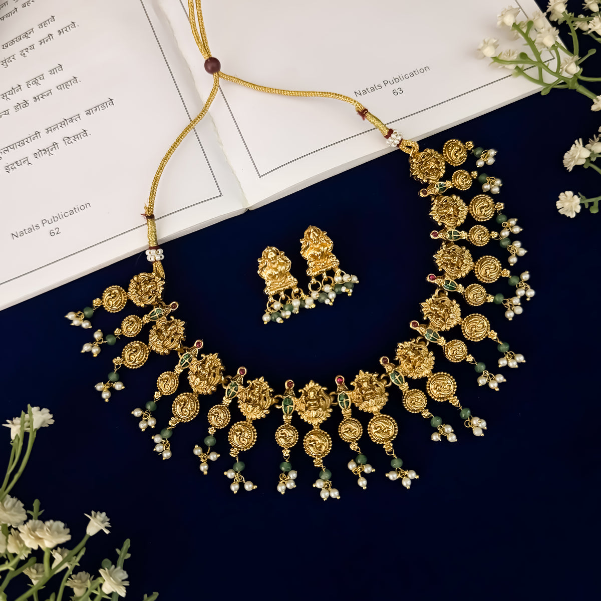 Prajakta Lakshmi Temple Motif Necklace Set - Green & Pink