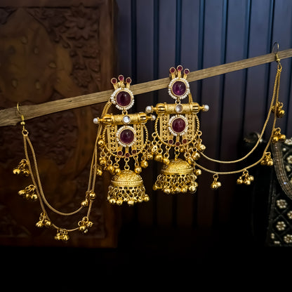 Madhumika Kashmiri Jhumka with Earchain Ghunghroo Earrings - Ruby