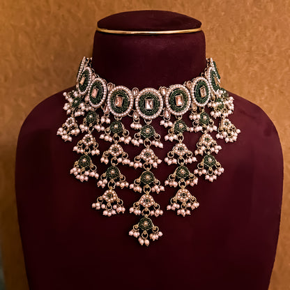 Rehan Jadau Reverse AD Necklace Set - Green