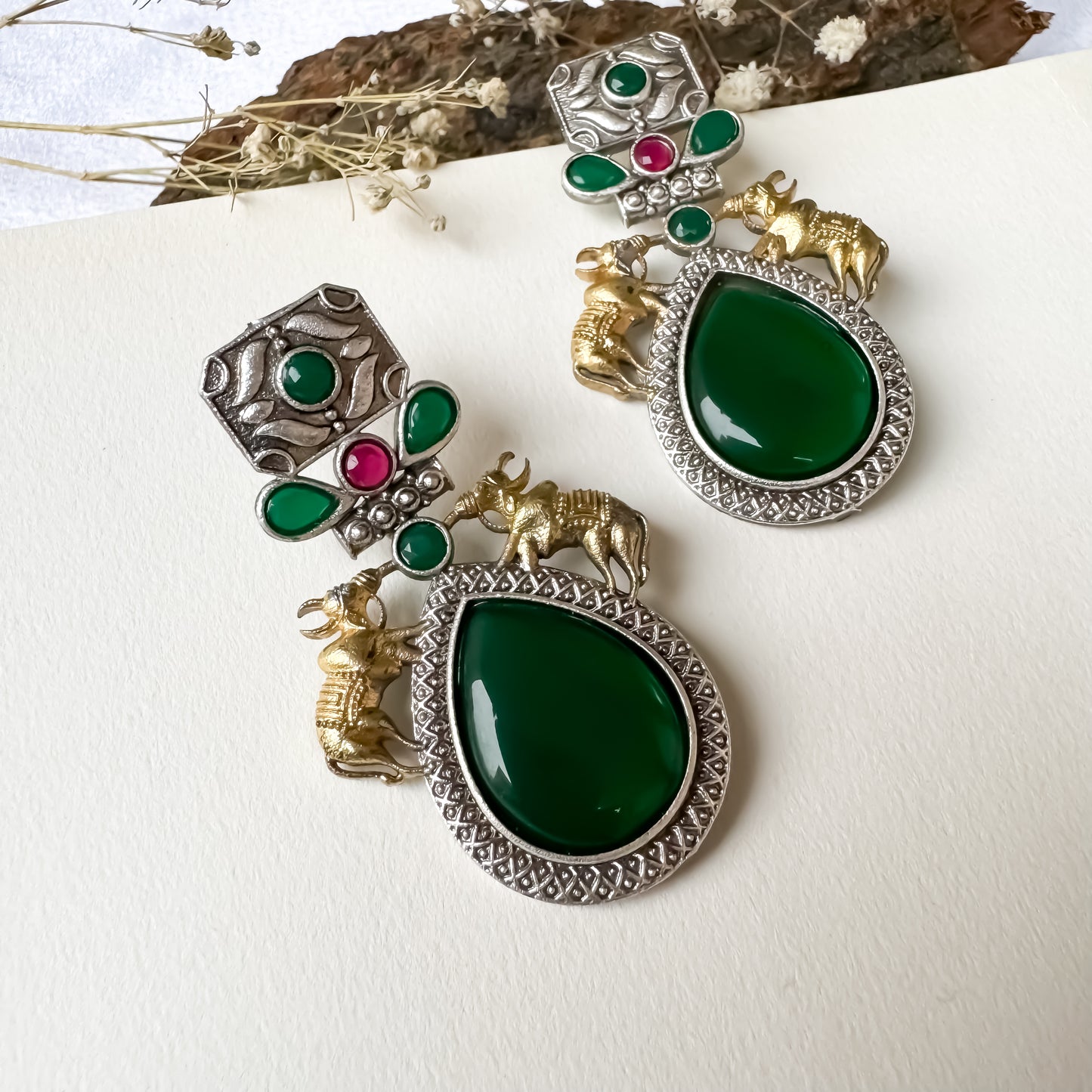 Nandi Monalisa Stone Dual Tone SLA Earrings- Green