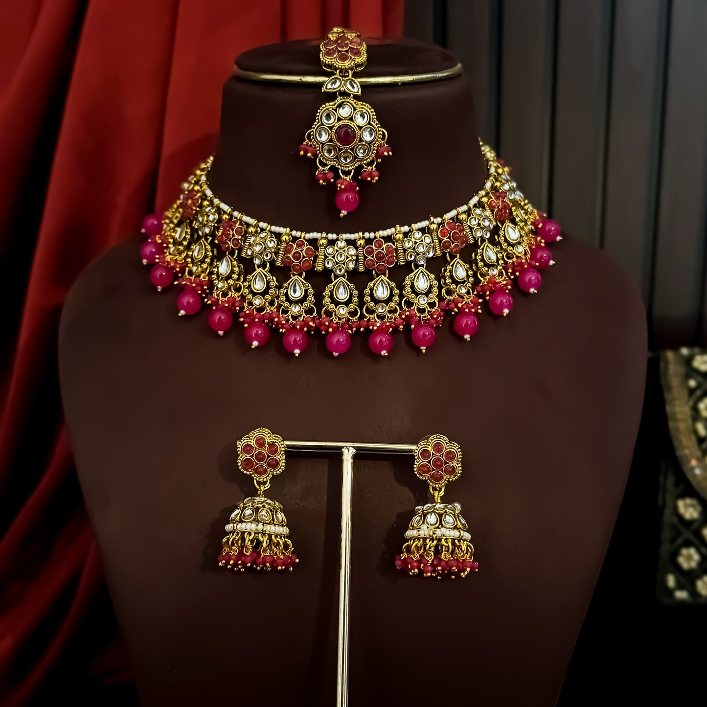 Etika Premium Kundan Necklace Set - Pink