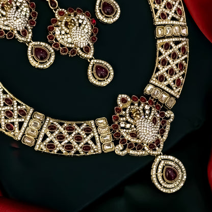 Yasmin Peacock Reverse AD Necklace Set - Pink