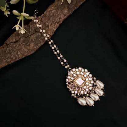 Masaba Mirror Jhumka Earrings with Sahara & Tika Set - Golden