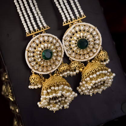 Raanisa Kashmiri Kundan Jhumka Earrings With Earchains - Green