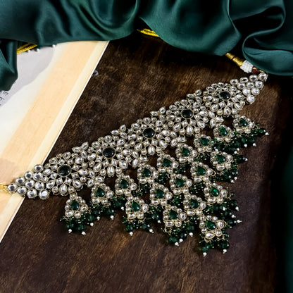 Shabana Premium Kundan Pearl Choker Necklace Set - Green