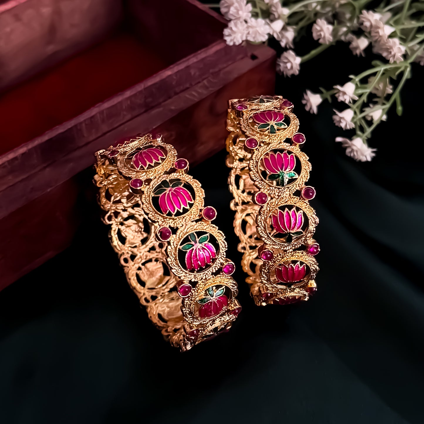 Kamalika Temple Gold Bangles - Set of 2 (Pink & Green)