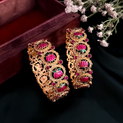 Kamalika Temple Gold Bangles - Set of 2 (Pink & Green)