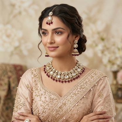 Ramsha Royal Kundan Necklace Set - Maroon