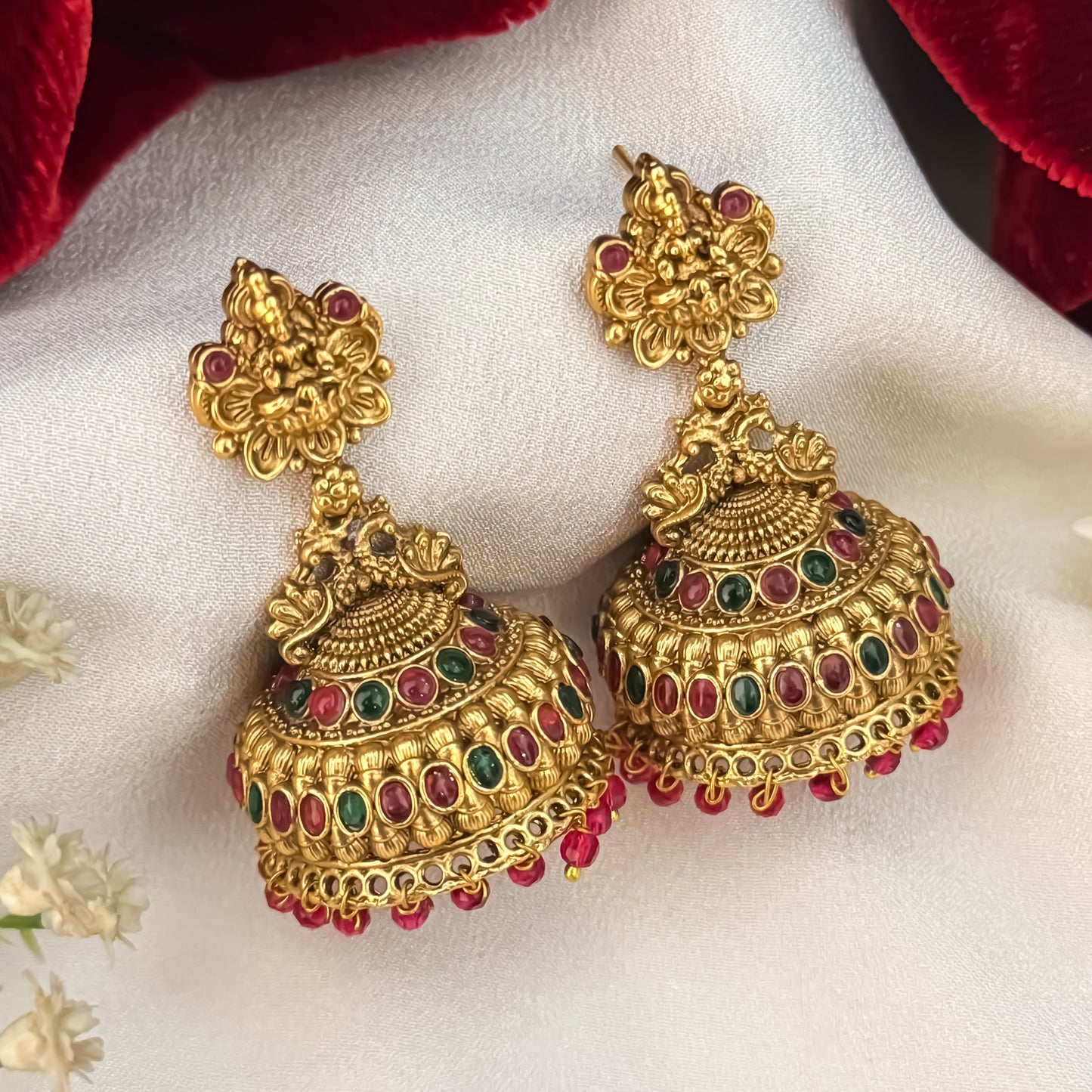 Nishika Temple Jhumka Earrings - Pink & Green