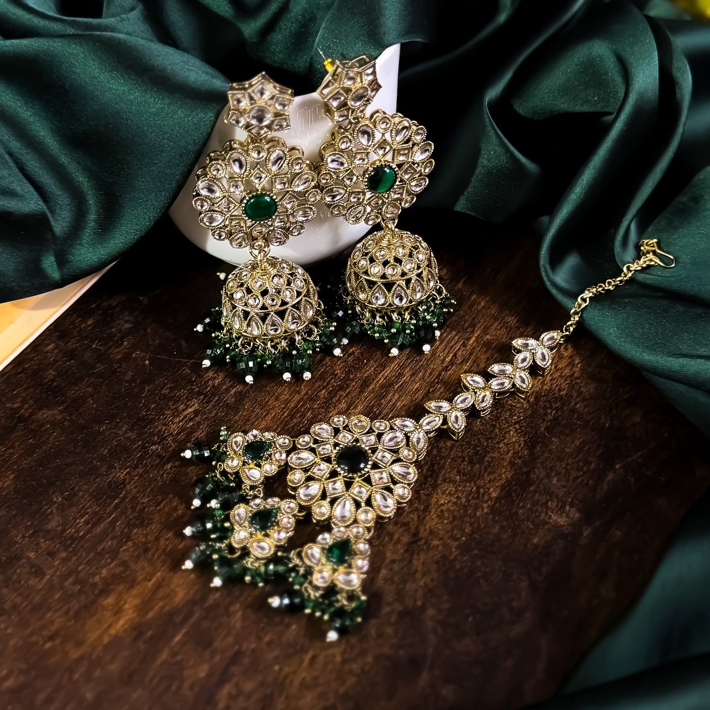 Shabana Premium Kundan Pearl Choker Necklace Set - Green