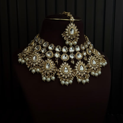 Swaraaj Premium Pearl Kundan Bridal Necklace Set - Golden