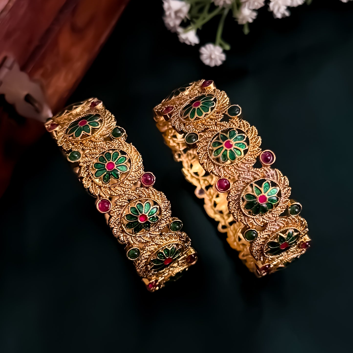 Keerthana Temple Gold Bangles - Set of 2 (Pink & Green)