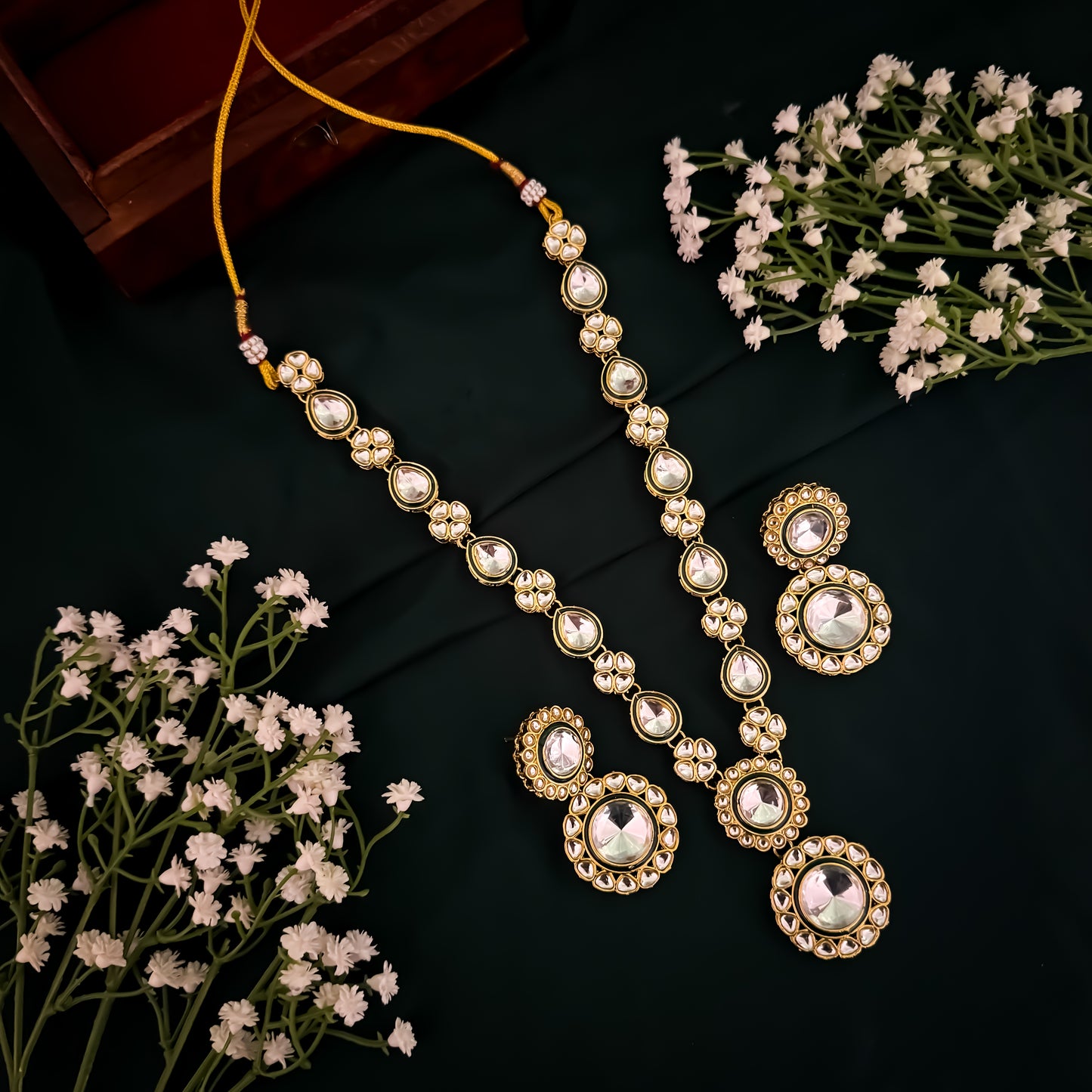Falguni Kundan Long Necklace Set- Golden