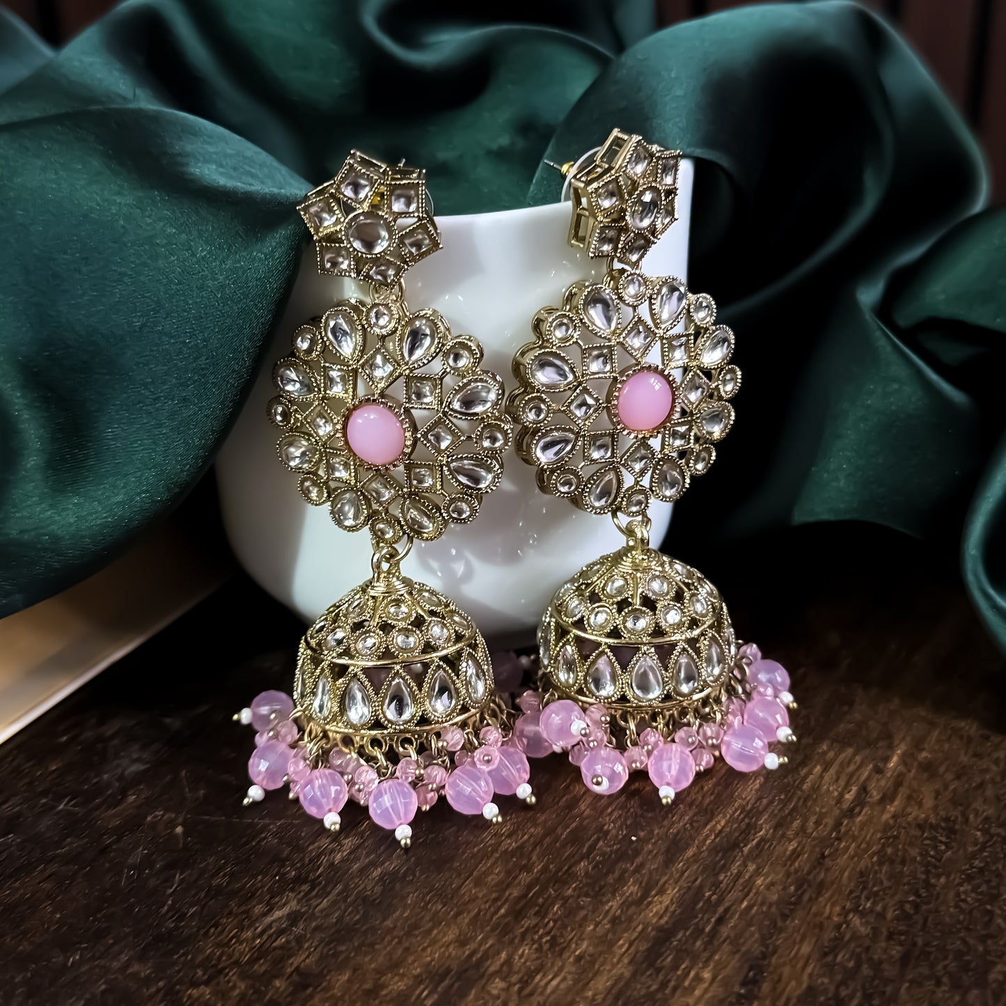 Shabana Premium Kundan Pearl Choker Necklace Set - Baby Pink