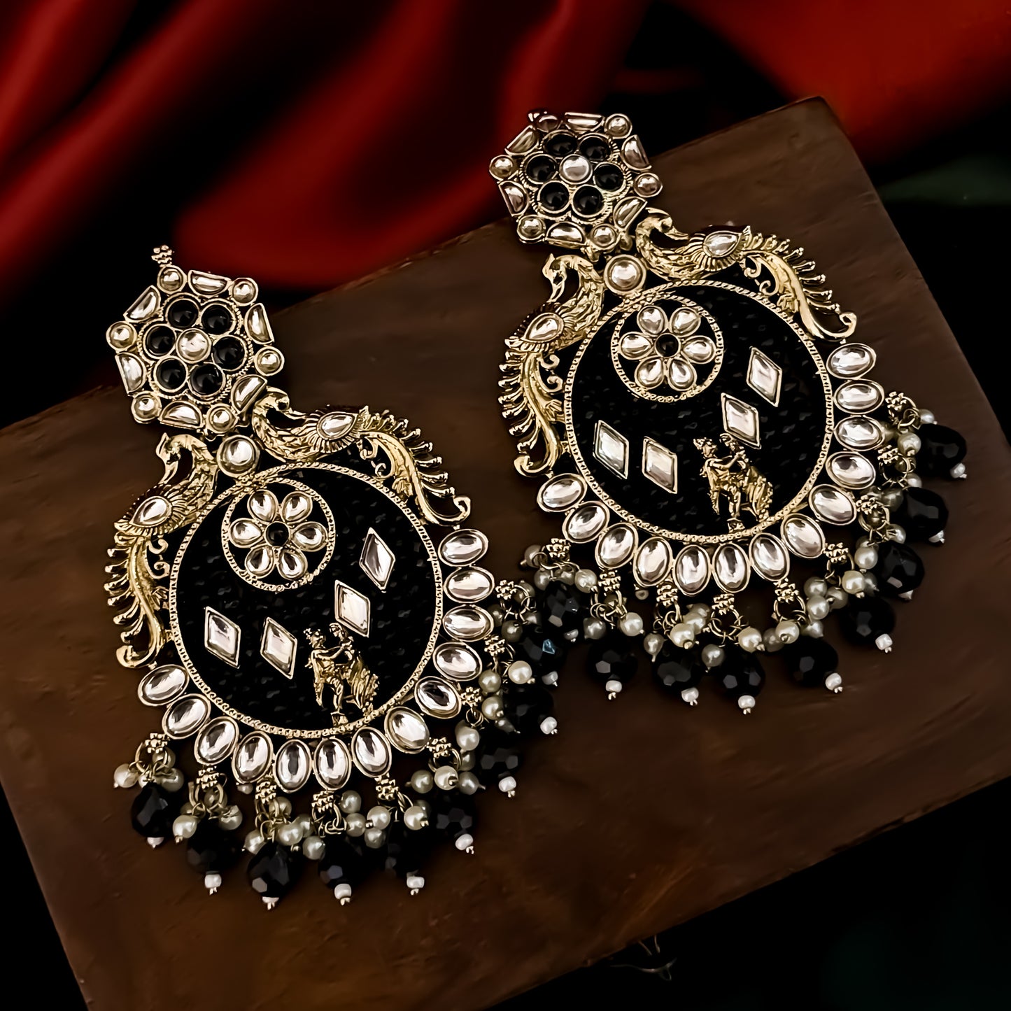 Dhwani Kundan Pearl Chandbali Earrings - Black