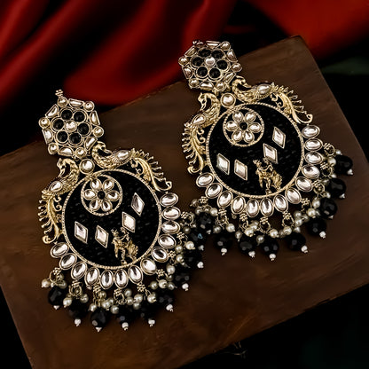 Dhwani Kundan Pearl Chandbali Earrings - Black