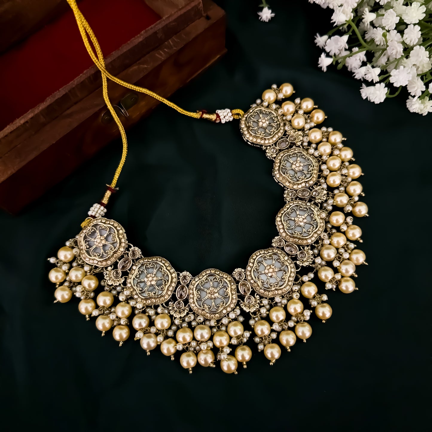 Sariska Pearl Loaded MOP Necklace Set - Golden