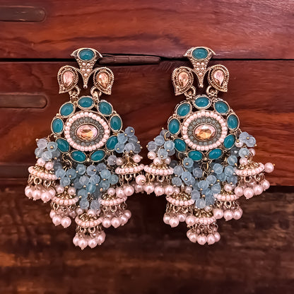 Heer Pearl Jhumka Chandbali Earrings - Sky Blue