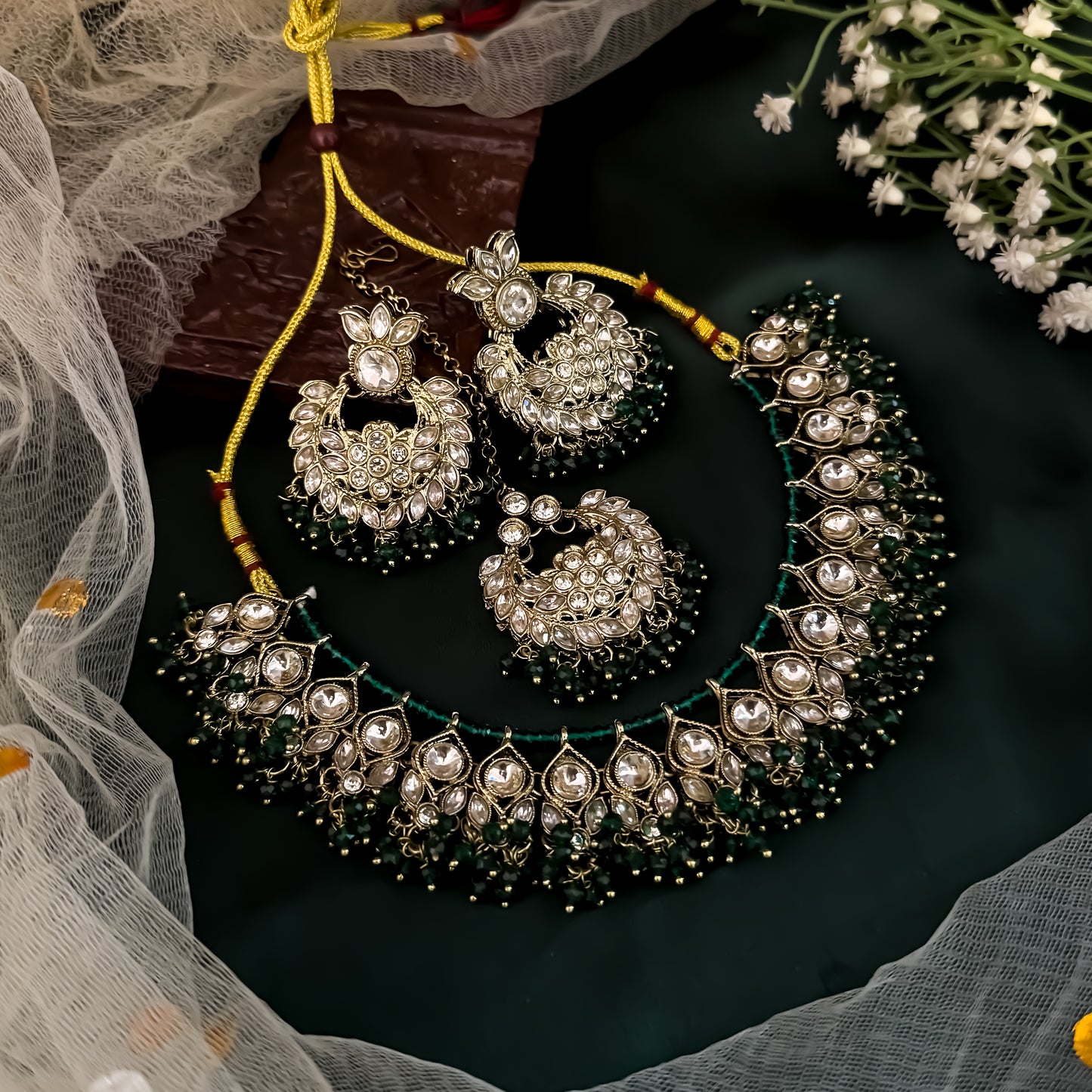 Harleen Premium Pearl Necklace Set - Green