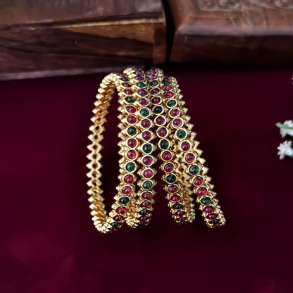 Malar Temple Gold Bangles - Pink & Green (Set of 4)