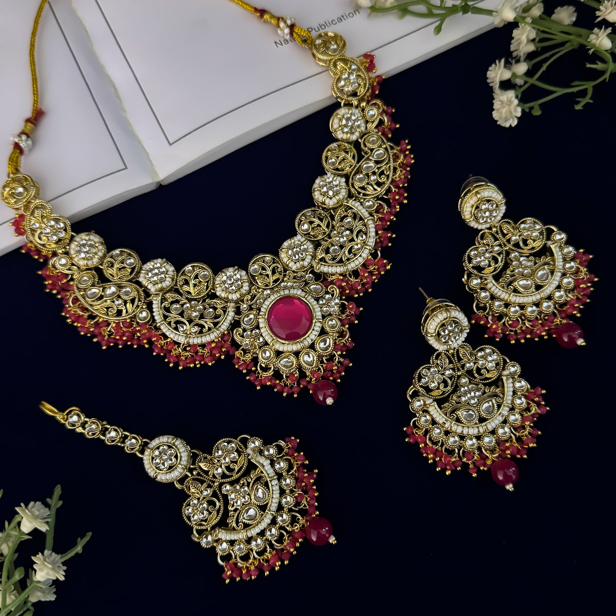 Pink Hridya Premium Kundan Necklace Set