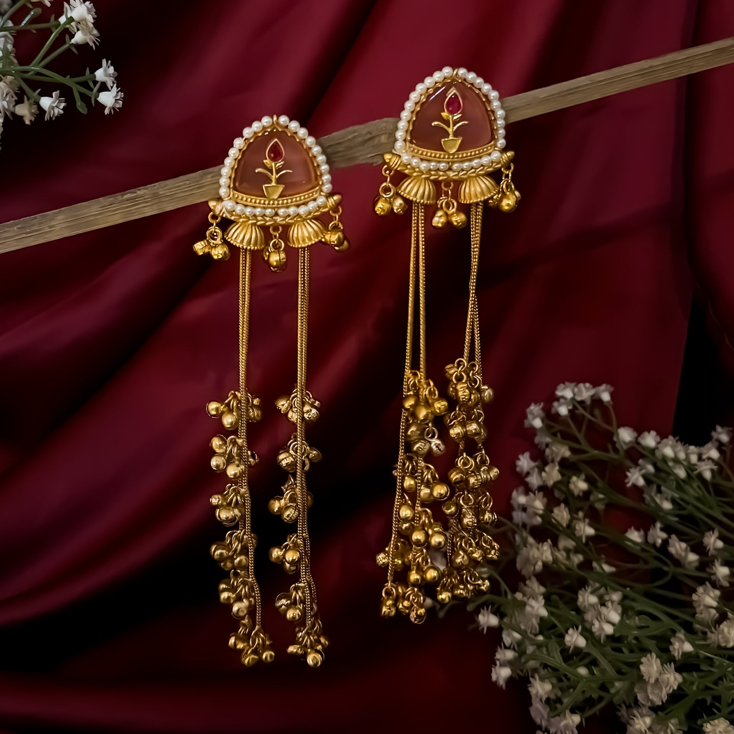 Vishakha MOP Kashmiri Brass Dejhoor Ghungroo Jhumka Earrings - Pastel Pink