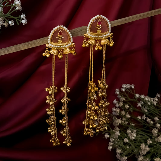 Vishakha MOP Kashmiri Brass Dejhoor Ghungroo Jhumka Earrings - Pastel Pink