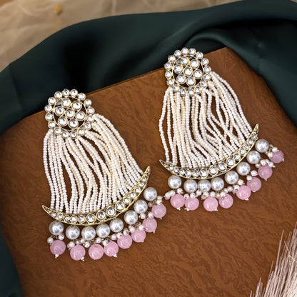 Pastel Pink Nikhat Kundan Pearl Chandbali Earrings