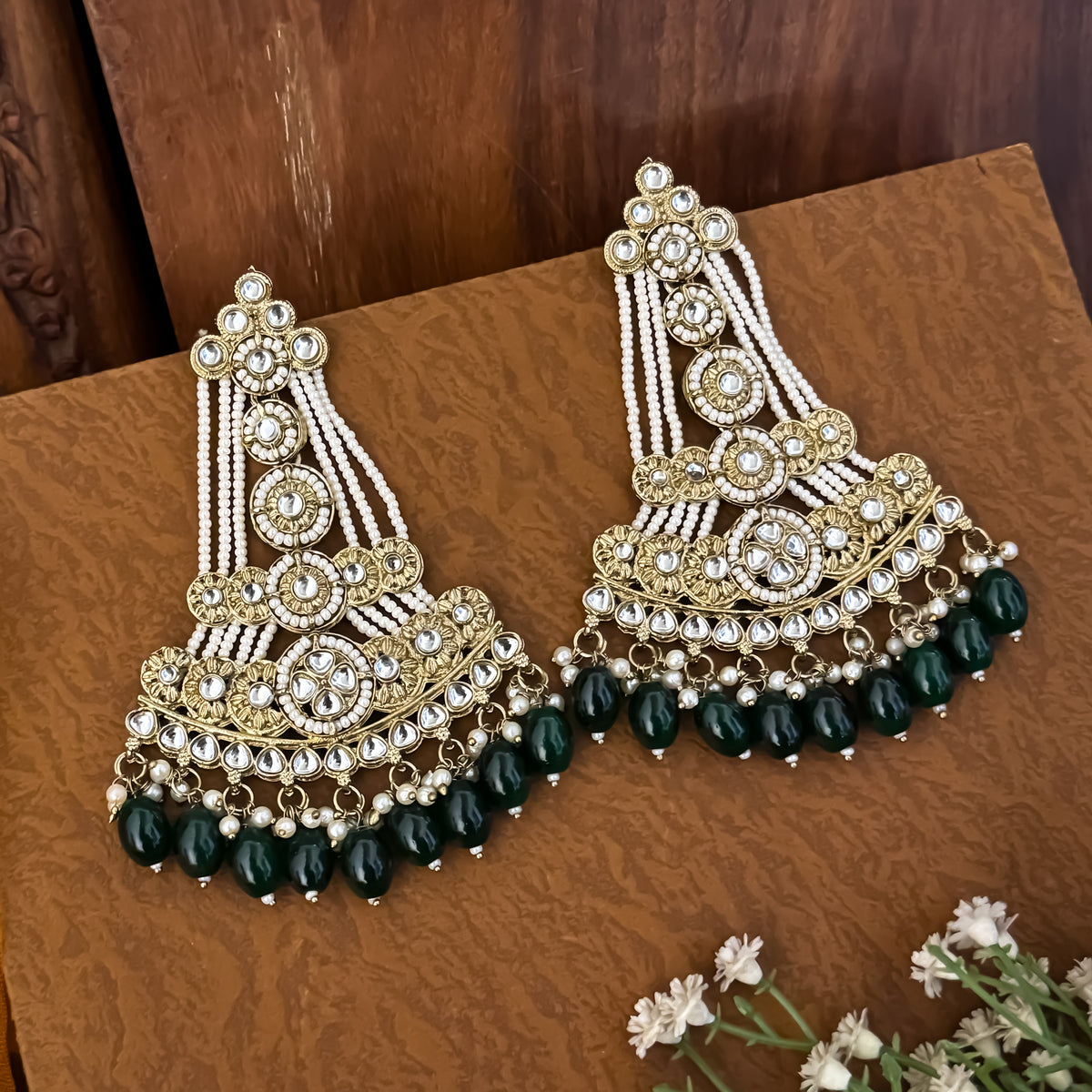 Green Kinza Kundan Pearl Chandbali Earrings