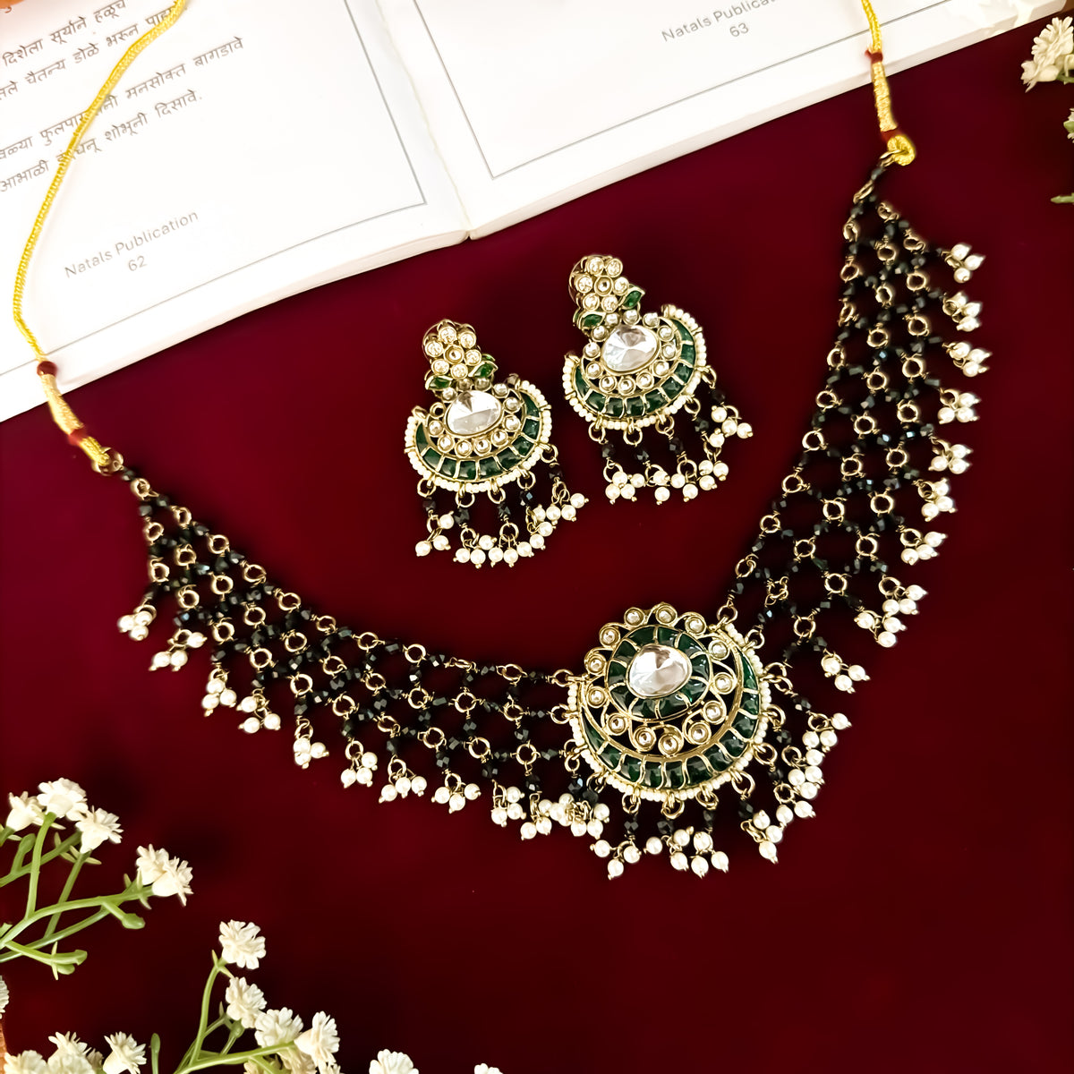 Green Sanidhya Intricate Pearl Work Necklace set