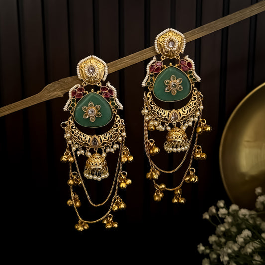 Rajshree Kashmiri Brass Dejhoor Ghungroo Jhumka Earrings - Pastel Green
