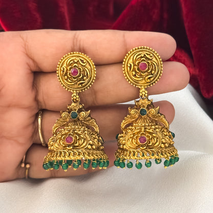 Gauri Temple Jhumka  Earrings - Pink & Green