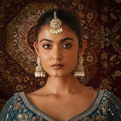 Mahtaab Jadau Reverse AD Jhumka Earrings with Earchain & Teeka - Golden