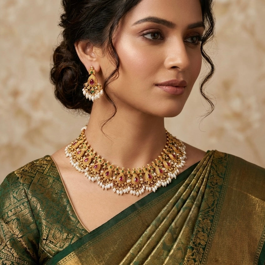 Priyam Guttapusalu Temple Necklace Set - Golden