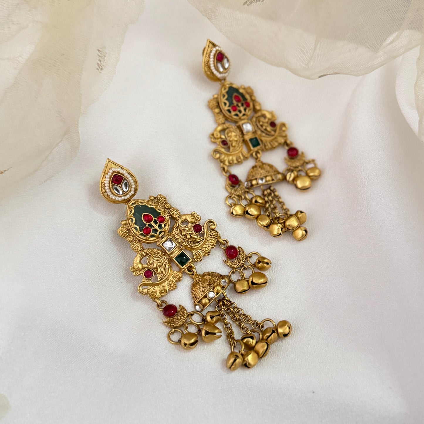 Mihir Fusion Rajwadi Kashmiri Brass Ghungroo Chandbali Earrings - Pink & Green