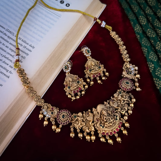 Maheshwari Lakshmi Temple Necklace Set - Pink & Green