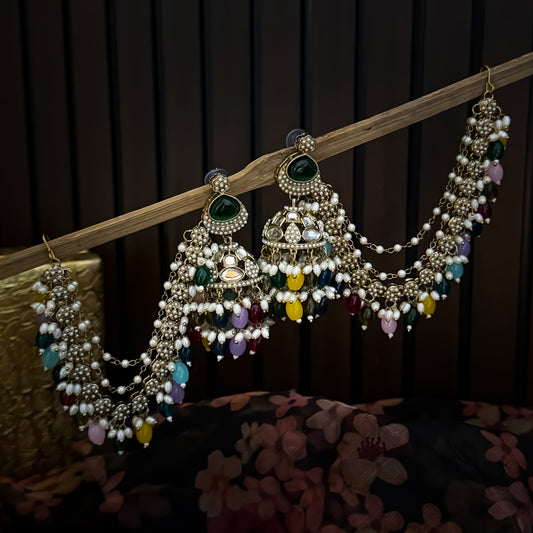 Kirat Jadau Mirror Jhumka Earrings with Sahara/Earchains - Multi