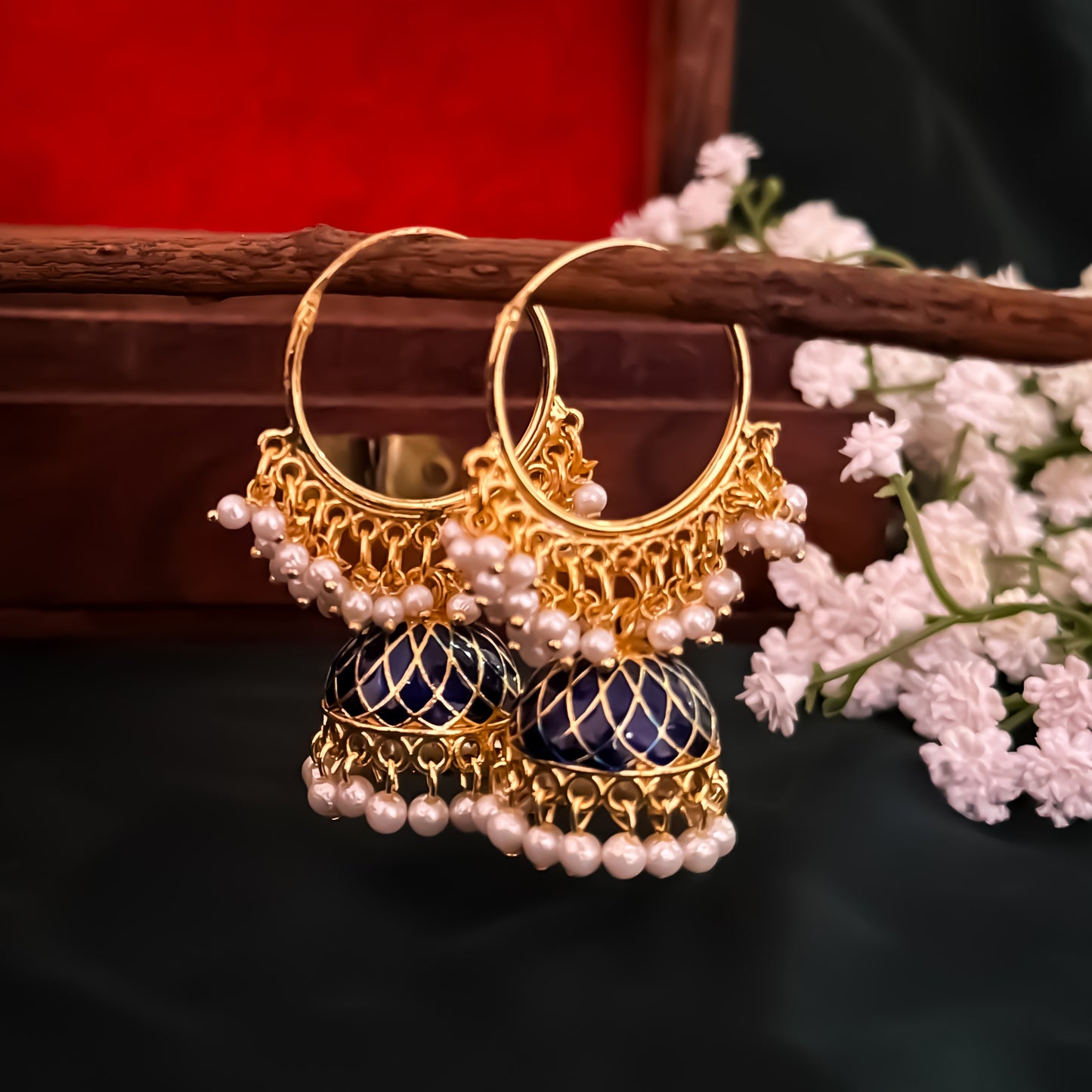 Pihu Pearl Bali Jhumka Earrings - Blue