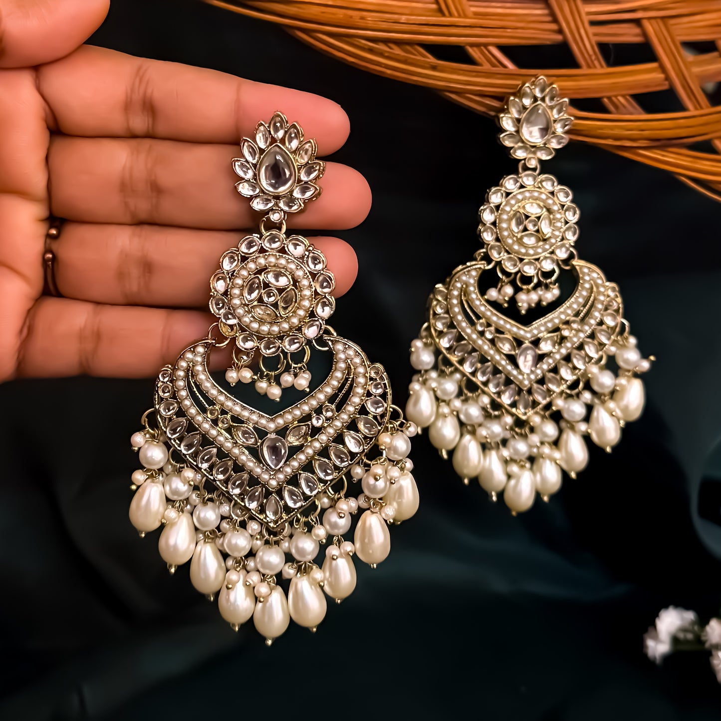 Shaba Jadau Kundan Chandbali Earrings - Golden
