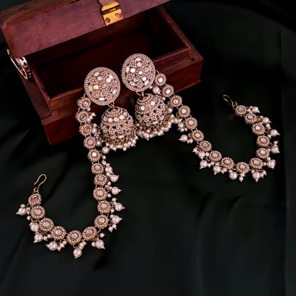 Rushda Jadau Mirror Jhumka Earrings with Sahara/Earchains - Golden
