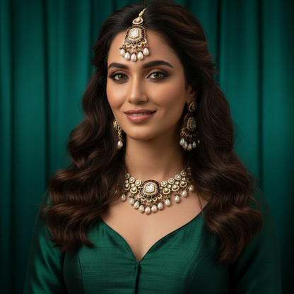 Tanishka Polki Premium Necklace Set - Pink & Green