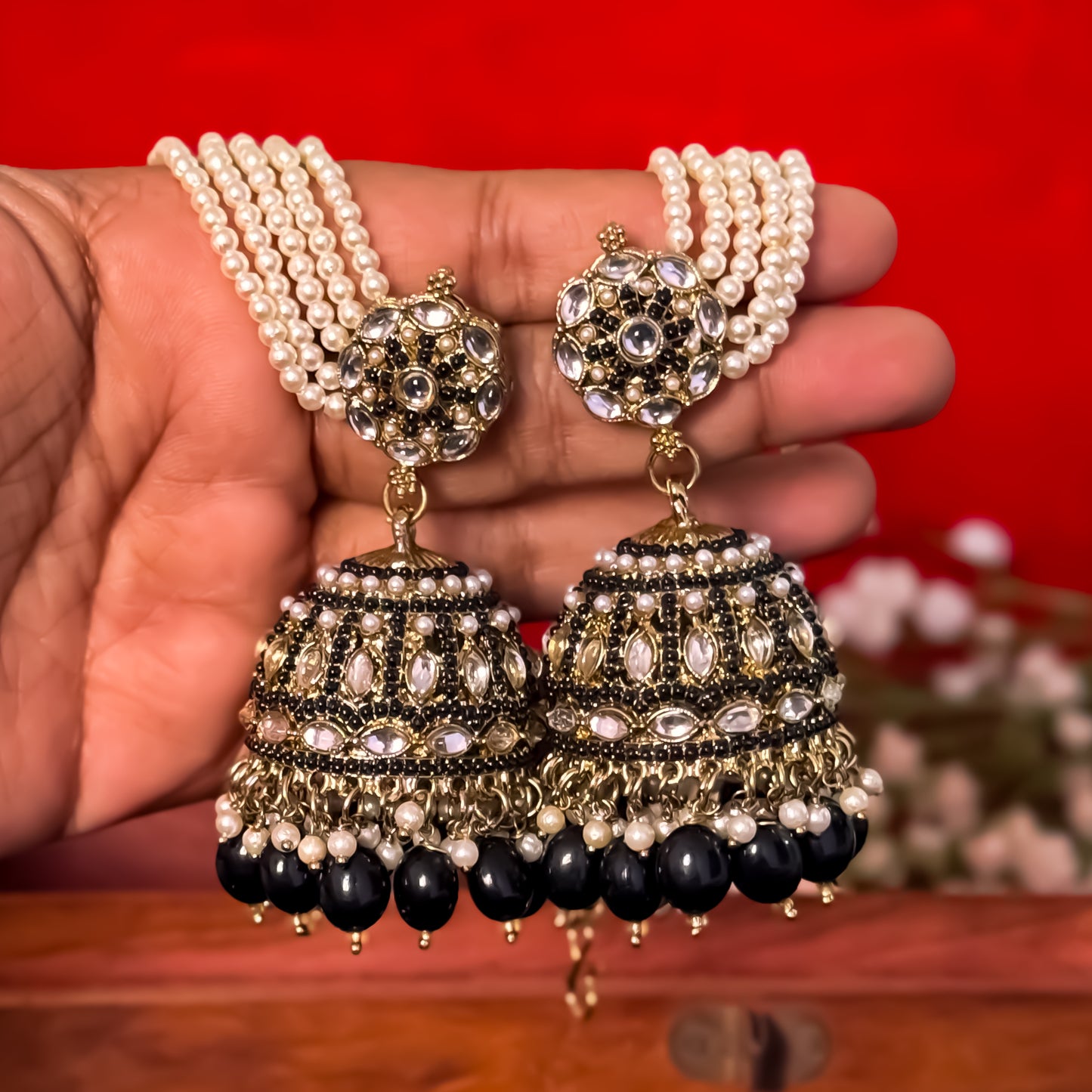 Mehvish Jadau Reverse AD Jhumka Earrings with Earchain - Black