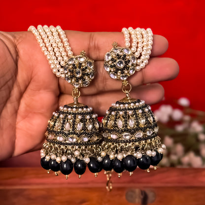 Mehvish Jadau Reverse AD Jhumka Earrings with Earchain - Black