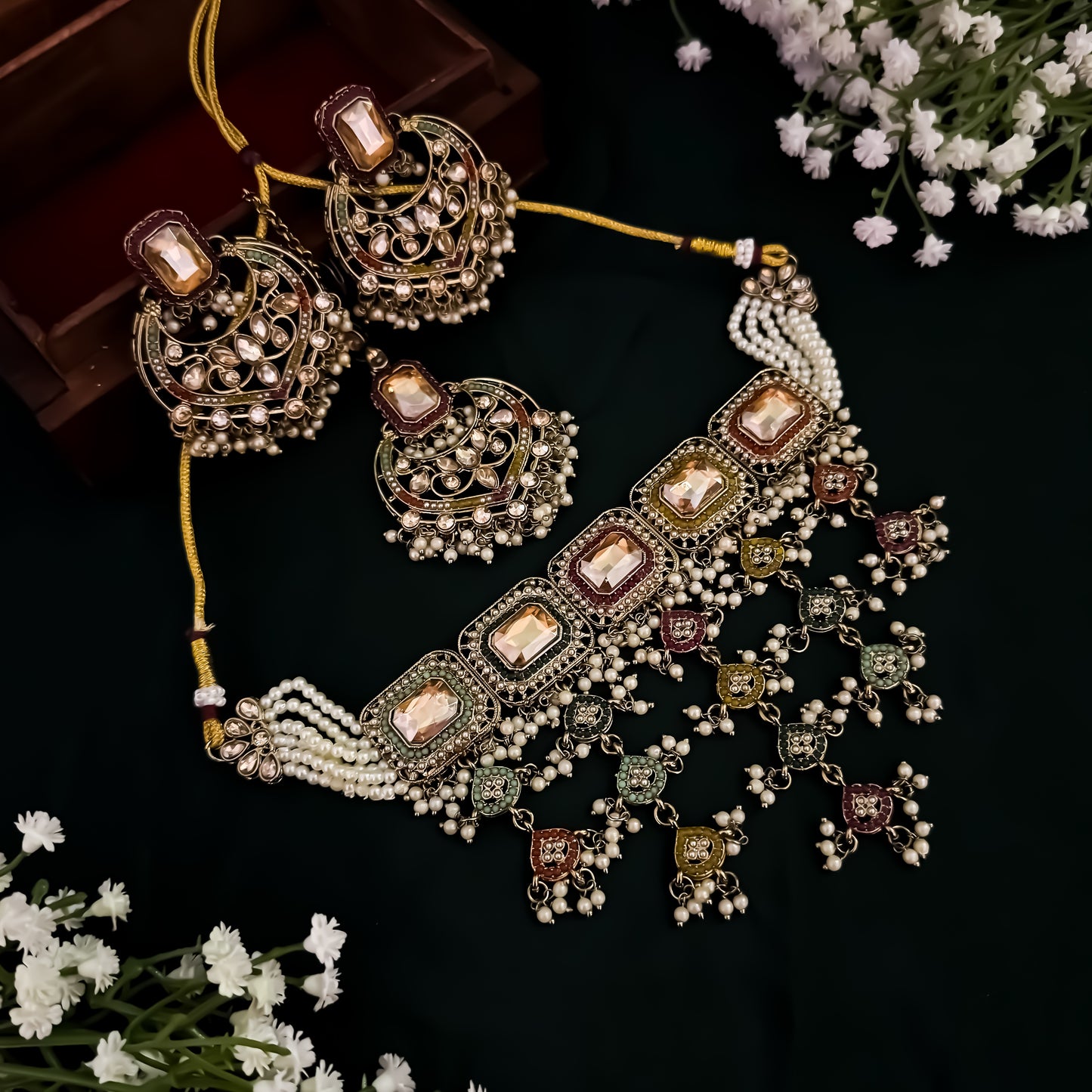 Miraj Jadau Reverse AD Necklace Set - Multi