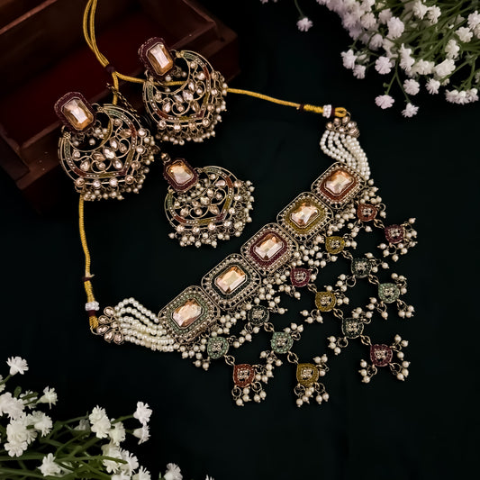 Miraj Jadau Reverse AD Necklace Set - Multi