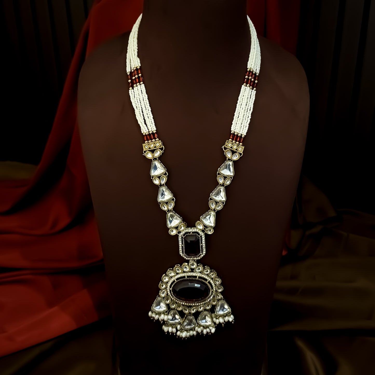 Israni Premium Kundan Long & Short Necklace Set - Maroon