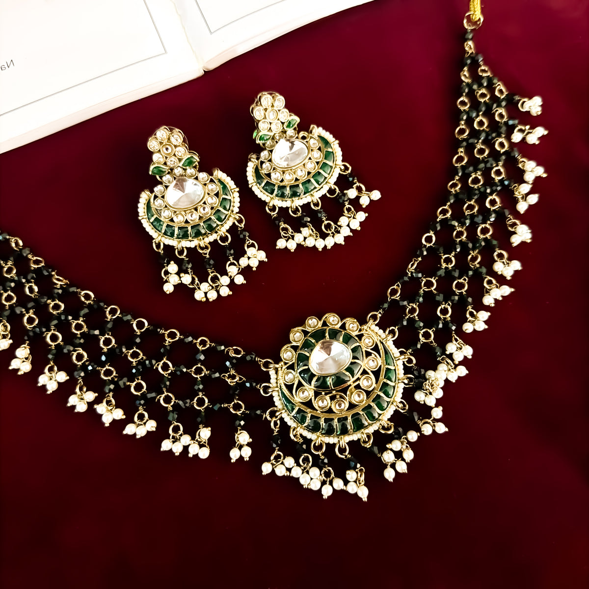 Green Sanidhya Intricate Pearl Work Necklace set