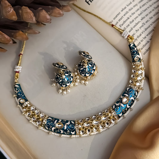 Malishka Meenakari Hasli Necklace Set - Peacock Blue