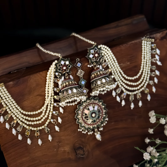 Padmavat Jadau Jhumka Earrings with Sahara & Teeka - Multi
